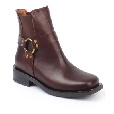 Capone Outfitters Genuine Leather Women's Boots with Side Elastic Buckle Detail