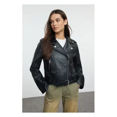 Trendyol Black Regular Faux Leather Biker Jacket Coat