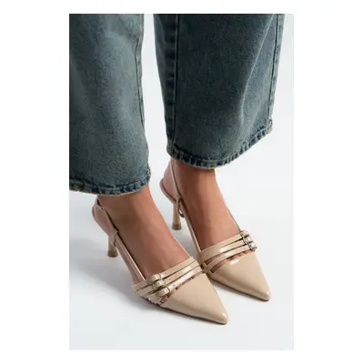 NİŞANTAŞI SHOES Andrina Beige Patent Leather Belt Detail Ankle-Tied Women's High Heel Shoes