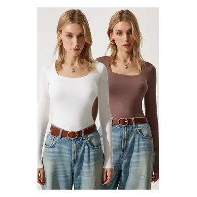 Happiness İstanbul Women's Brown White Square Collar Double Pack Knitted Blouse