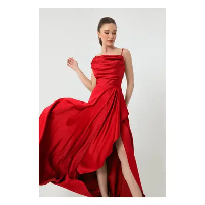 Lafaba Women's Red Flounce Slit Satin Evening Dress & Graduation Dress