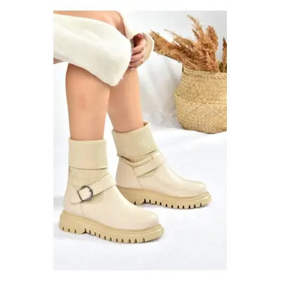 Fox Shoes Beige Thick Soled Daily Knitwear Women's Boots