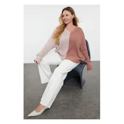 Trendyol Curve Dusty Rose Color Block V-Neck Knitwear Sweater