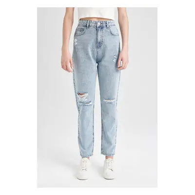 DEFACTO Lina Mom Fit Washed Jeans Ripped Detail High Waist Ankle Length