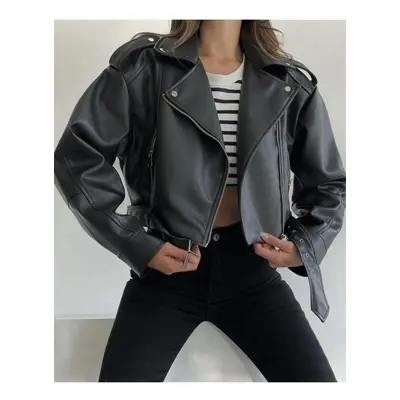 13478 Dewberry Oversize Women PU Jacket-BLACK