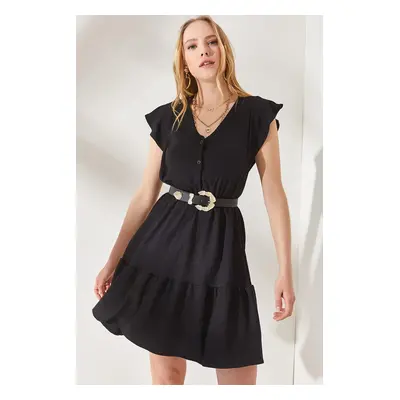 Olalook Women's Black Frilly Buttoned Sleeve Elastic Waist Mini Dress