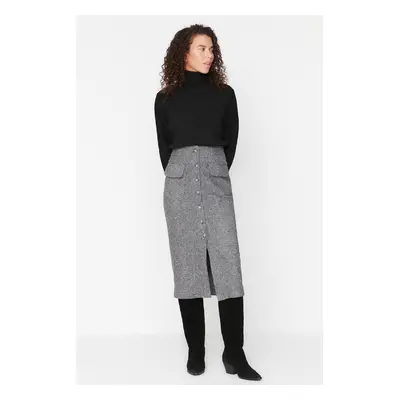 Trendyol Gray Pocket Detailed Buttoned Cashmere Fabric Midi Woven Skirt