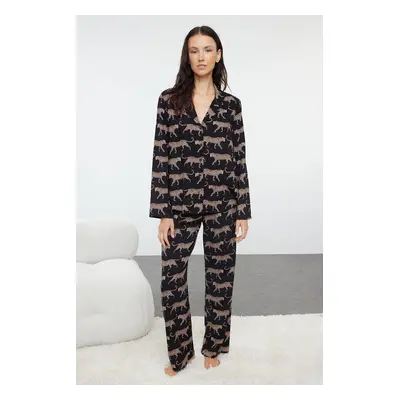 Trendyol Black Tiger Patterned Viscose Woven Pajama Set