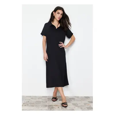 Trendyol Black Polo Neck Short Sleeve Midi Twist/Textured Knitted Dress