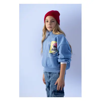 DEFACTO Girl Oversize Wide Pattern Hooded Soft Fluffy Thick Sweatshirt