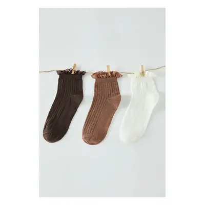 Trendyol Brown-Multicolored 3-Pack Floral Lace Detail Jacquard Knit Socks