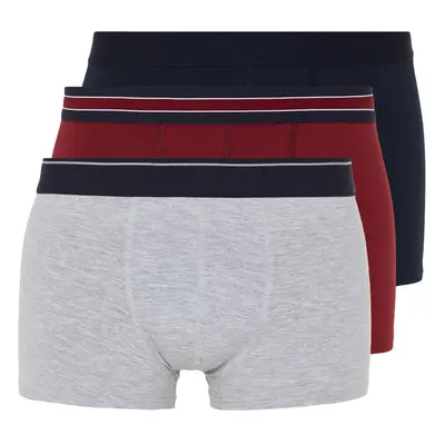 Trendyol Claret Red-Grey-Navy Blue Plain Striped Elastic 3-Pack Boxer