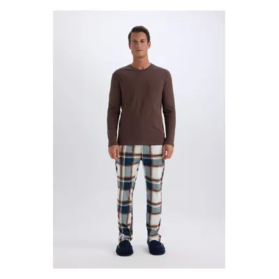 DEFACTO Regular Fit Pajama Set Crew Neck Long Sleeve Top Plaid Long Bottom