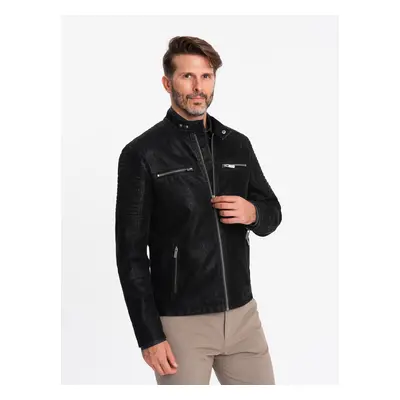 Ombre Men's retro-style biker jacket with stand-up collar - black