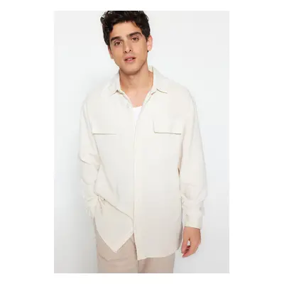 Trendyol Ecru Oversize Fit Linen Textured Double Pocket Jacket Shirt