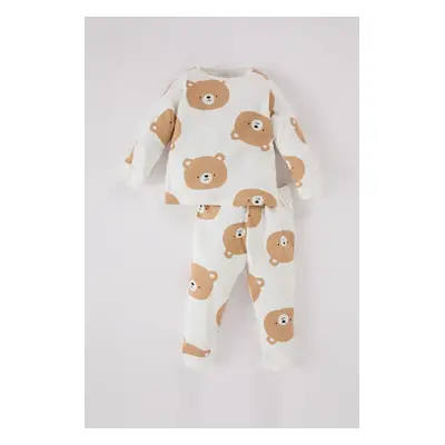 DEFACTO Baby Boy Pajama Set Bear Patterned Crew Neck Long Sleeve Top Long Bottom