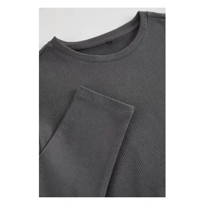 Trendyol Anthracite Regular/Normal Cut Long Sleeve Basic Textured 100% Cotton T-Shirt