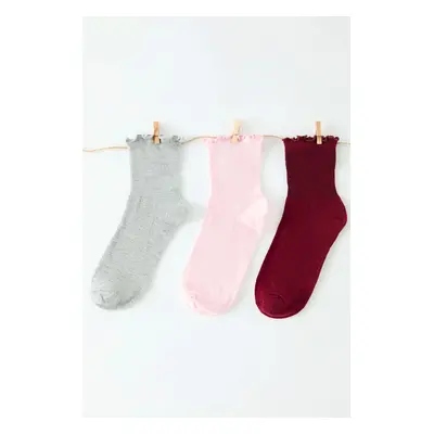 Trendyol Claret Red-Powder-Grey 3-Pack Cotton Elastic Mouth Lettuce Detailed Knitted Socks