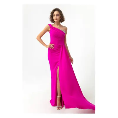 Lafaba Women's Fuchsia One-Shoulder Long Evening Dress with Stones.