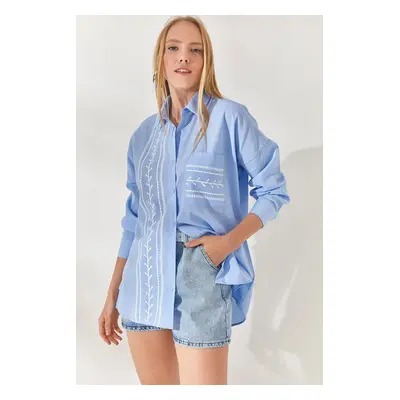 Olalook Bebe Blue Pocket Detailed Printed Woven Shirt