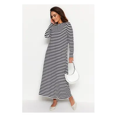 Trendyol Black and White Shoulder Button Detailed Knitted Striped Dress