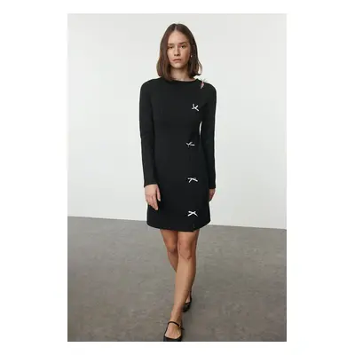 Trendyol Black Straight Bow Detailed Mini Bodycone/Fitting Stretchy Knitted Dress