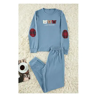 Trendyol Blue Cotton Animal and Slogan Embroidered Knitted Pajama Set