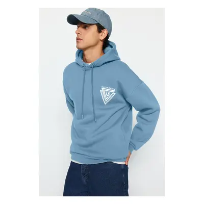 Trendyol Blue Hooded Oversize/Wide Cut College Printed Cotton Fleece Sweatshirt