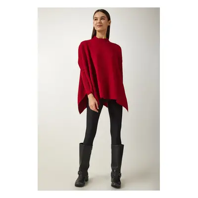 Happiness İstanbul Women's Red Stand-Up Collar Slit Knitwear Poncho Sweater