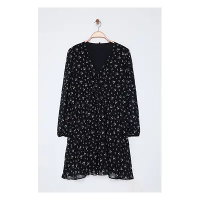 Trendyol Curve Black Floral Patterned Skirt with Opening Waist Bow Chiffon Woven Plus Size Dress