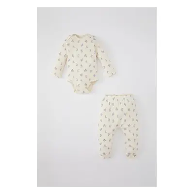 DEFACTO Baby Girl Fruit Pattern Long Sleeve Ribbed Camisole Snap Body Bottom 2-Piece Set