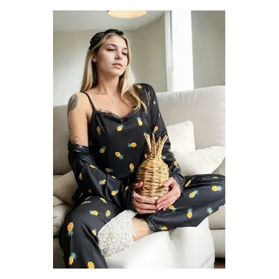 22168 Dewberry Womens Pyjama Set with Dressing Gown-BLACK-YELLOW