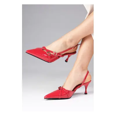 Mio Gusto Elita Red Color Patent Leather Pointed Toe Buckle Accessory Heeled Shoes