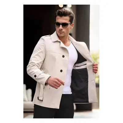 23058 Dewberry Lined Belted Double Breasted Mens Trenchcoat-CREAM