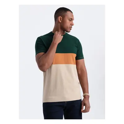 Ombre Men's tricolor T-shirt with wide stripes - dark green