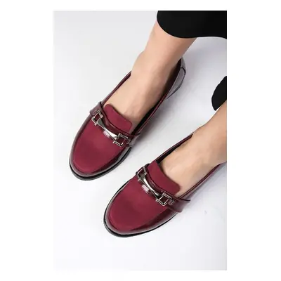 Mio Gusto Burgundy Color Patent Leather And Suede Women's Casual Oxford Flat Shoes.