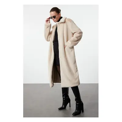 Trendyol Ecru Oversize Long Fur Coat