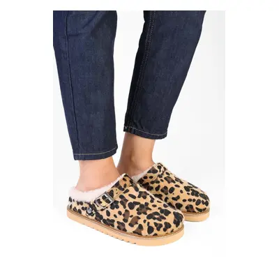 Shoeberry Women's Saboi Leopard Patterned Suede Flat Slippers with Fur Inside