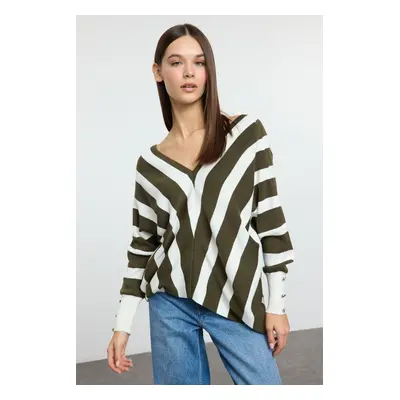 Trendyol Green Deep V Neck Striped Knitted Sweater