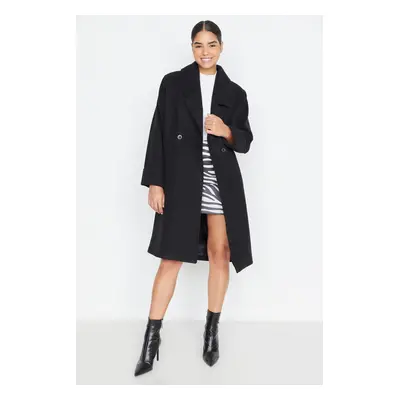 Trendyol Black Oversized Wide Collar Detailní razítkovaný kabát