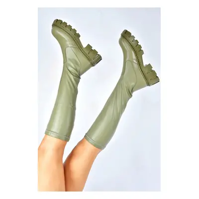 Fox Shoes Women's Green Thick Soled Stretch Leather Boots