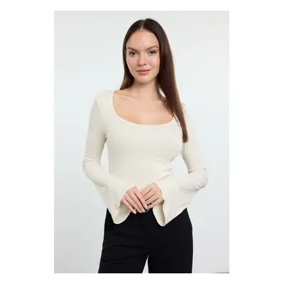 Trendyol Stone Fitted/Fits the Body Seam Detailed Pool Neck Flexible Knitted Blouse