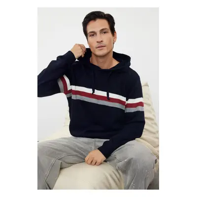 Trendyol Navy Blue Slim Fit Hooded Striped Knitwear Sweater