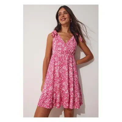 Happiness İstanbul Women's Pink Summer Floral Viscose Dress