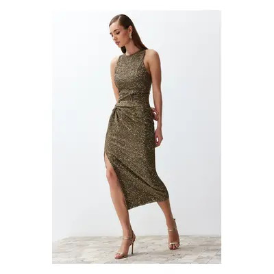 Trendyol Gold Fitted Knitted Shiny Sequin Knitted Sequin Elegant Evening Dress