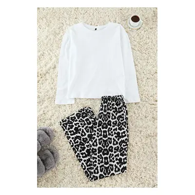 Trendyol White-Black Leopard Patterned Knitted Pajama Set