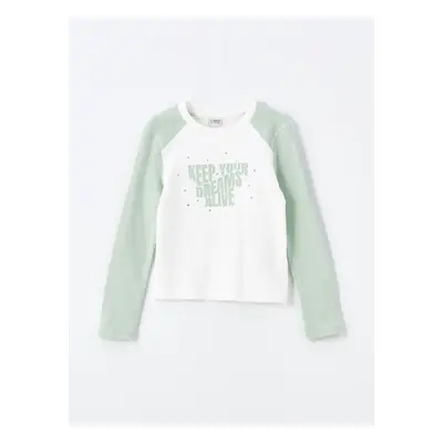 LC Waikiki Light Green Crew Neck Printed Girl's Crop T-Shirt