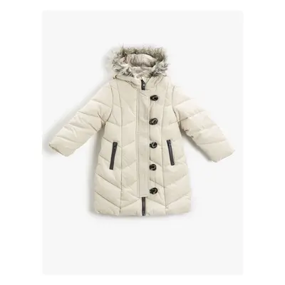 Koton Quilted Long Coat Filled Faux Für Detail Hooded Buttoned