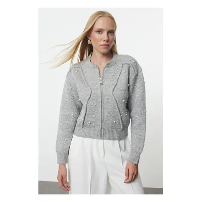 Trendyol Gray Soft Textured Zippered Stone Embroidered Jacket-Look Knitwear Cardigan