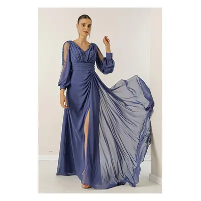 By Saygı V-Neck Long Evening Chiffon Dress with Draping and Lined Sleeves.